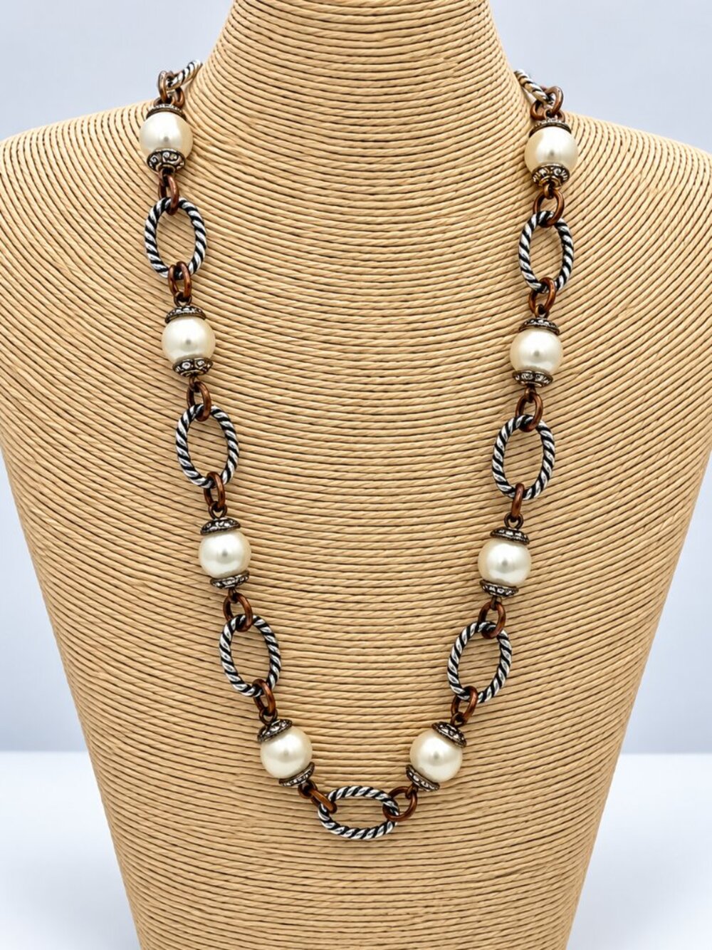 Premier Designs Pearl Mixed Metal Long Link Necklace Silver Bronze Tone